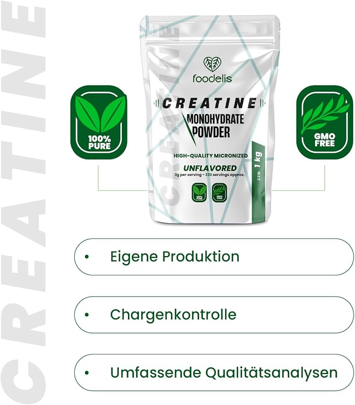 Creatin Pulver 1 kg – 100% Kreatin Monohydrat, mikronisiert – Ohne Zusätze – Gut löslich & geschmacklos – Mit Dosierlöffel – Vorrat für 333 Portionen
