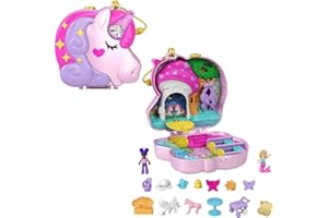 Polly Pocket Compact Playset, Unicorn Tea Party with 2 Micro Dolls & Accessories, Travel Toys with Surprise Reveals