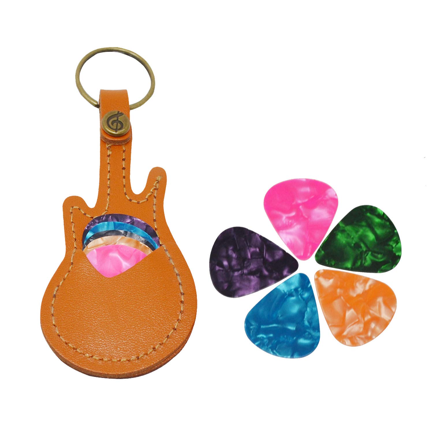 Guitar Pick Holder Leather Keyring Keychain Case for Guitar Pick Bag with 5Pcs Plectrums Gift (Yellow)