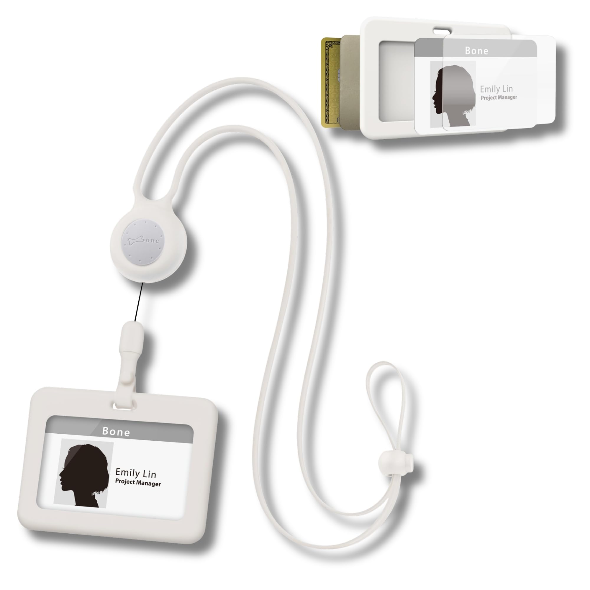 【Bone】 Lanyard Retractable Badge Holder - ID Badge Holders with Slim Case, Large Capacity, Multiple Cards Slot,Interchangeable Lanyard Strap (Hor-White)