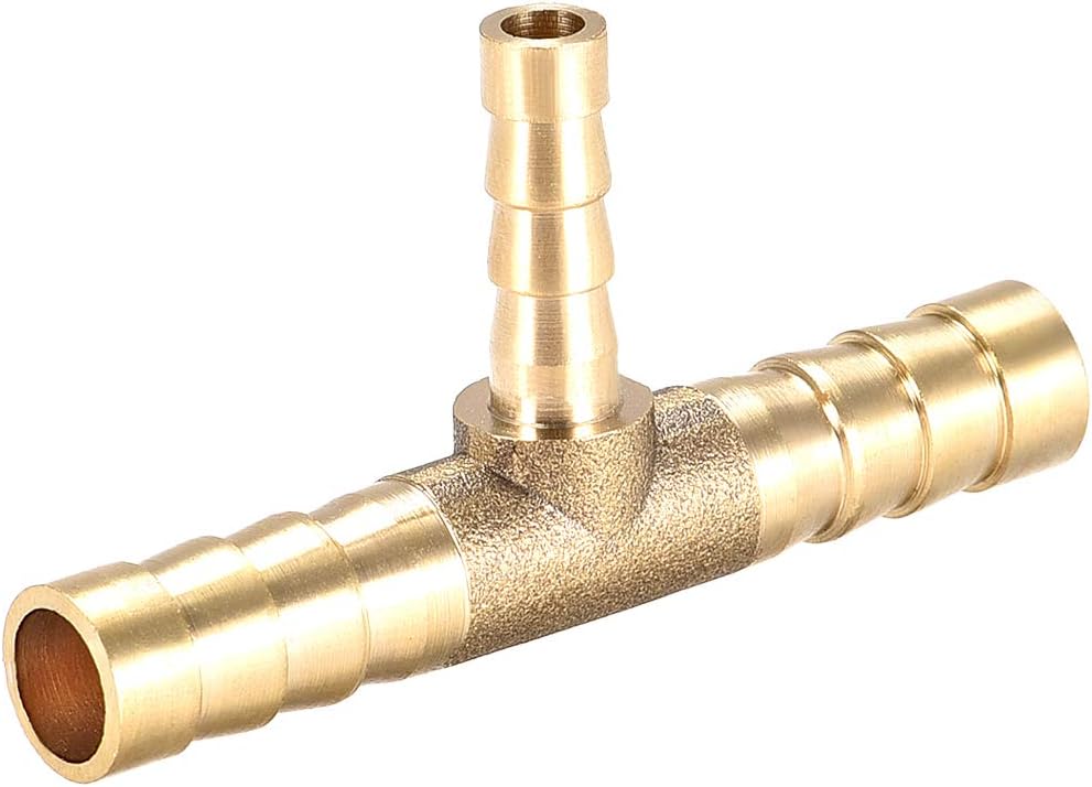 sourcing map Tee Brass Barb Fitting Reducer 3 Way, Fit Hose ID 8mm x 5mm x 8mm, Gold