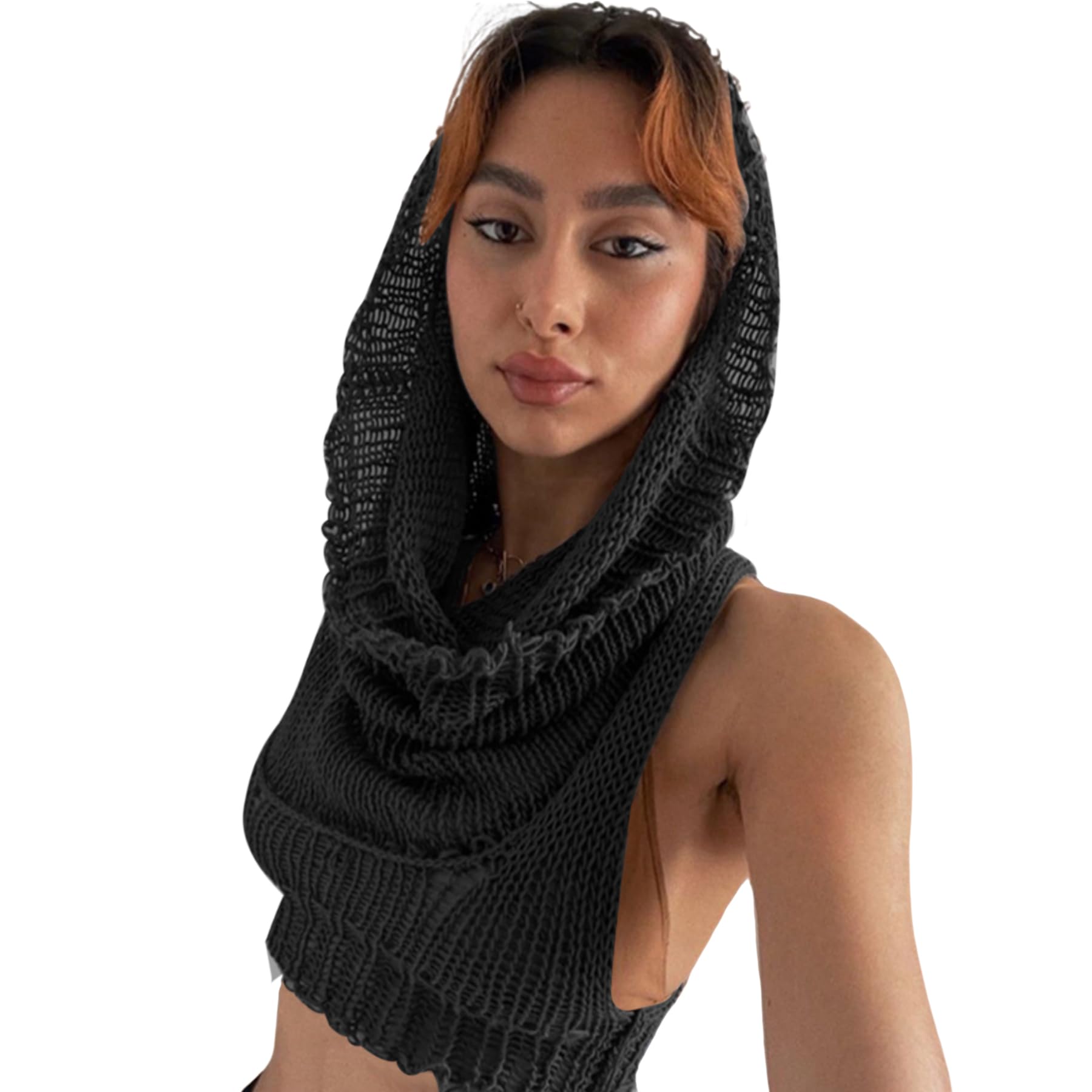 Photo 1 of Women Knitted Hoodie Sweater Vest Sexy Sleeveless Hollow Out Hooded Crop Top (S)