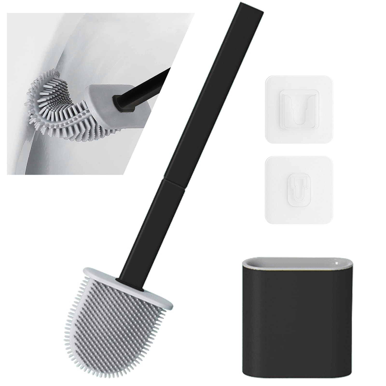 OPAHUTER Silicone Toilet Brush and Holder Set, Flexible Toilet Bowl Brush Head, Toilet Bowl Cleaner Brush Silicone with No-Slip Silicone Handle & Anti-drip Base, Black