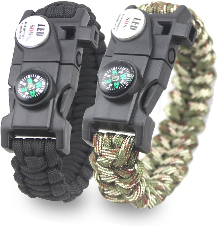 KEVENZ Paracord Bracelet – Fire Starter, Emergency Knife & Whistle – Pack of 2 - Slim Buckle Design