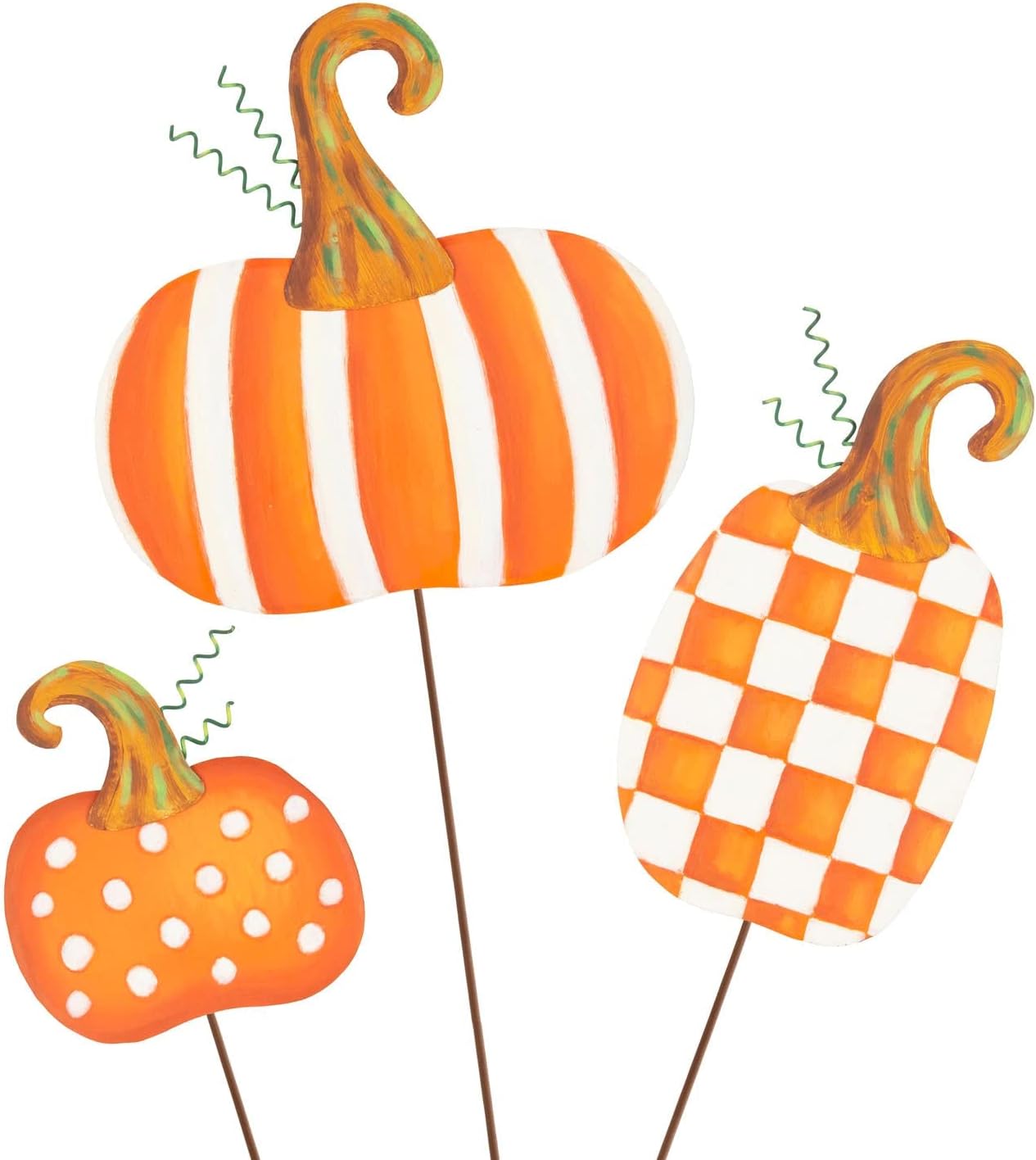 Decorative Garden Stakes - The Round Top Collection - Indoor Outdoor Decor Garden Stake Decorations for Lawn - Orange Patterned Pumpkins, S/3