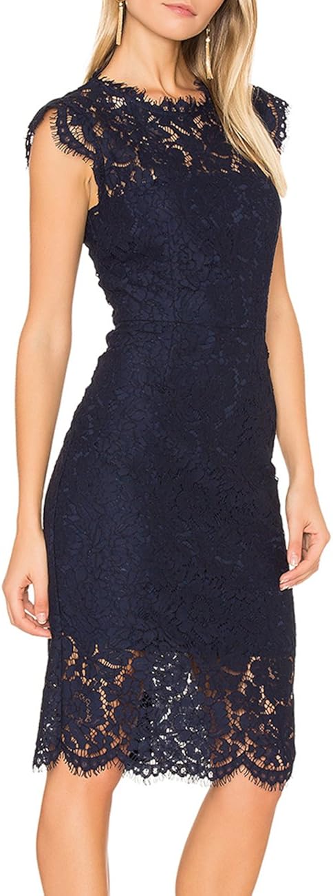 MEROKEETY Women's Sleeveless Lace Floral Elegant Cocktail Dress Crew Neck Knee Length for Party: Clothing