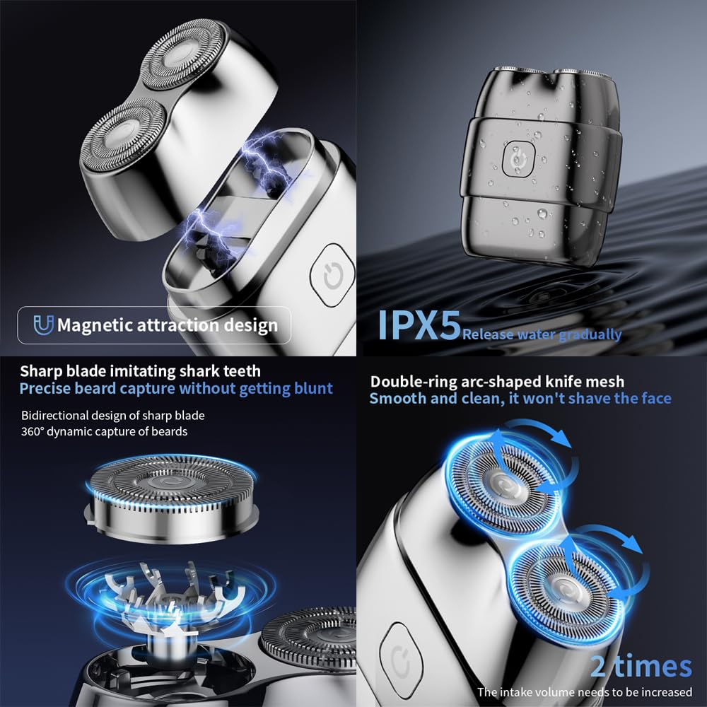 2025 Neu Rasierer Herren Elektrisch, Mini Portable Electric Shaver, IPX7 Wasserdicht Mini Trockenrasierer Herren Elektrisch mit Dual-Ring Magnetklinge für Nass- und Trockenrasierer (Silber) 2