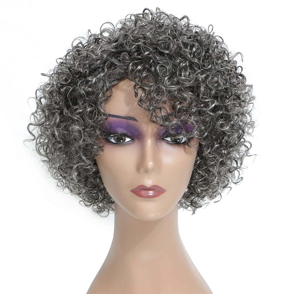 Morichy Grey Wigs for Senior Women, Short Curly Human Hair Wigs for women Real Hair Mixed Kinky Curly Wear and Go Glueless Wig Ombre Gray 8 Inch Short Wig for Older Women Daily Use
