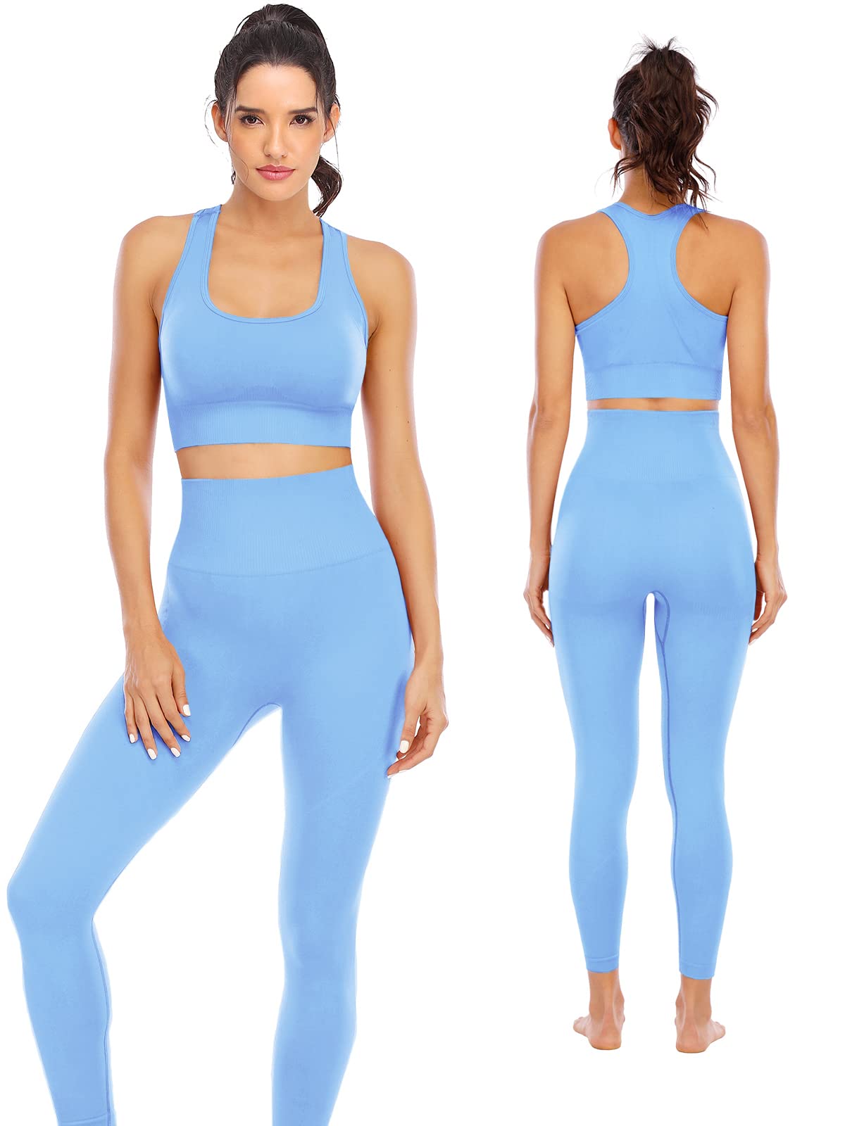 Photo 1 of *MISSING TOP* Workout Sets for Women High Waisted Seamless Leggings with Padded Stretchy Sports Bra Sets Yoga Outfit Jogging Gym Clothes(N007M-Blue)