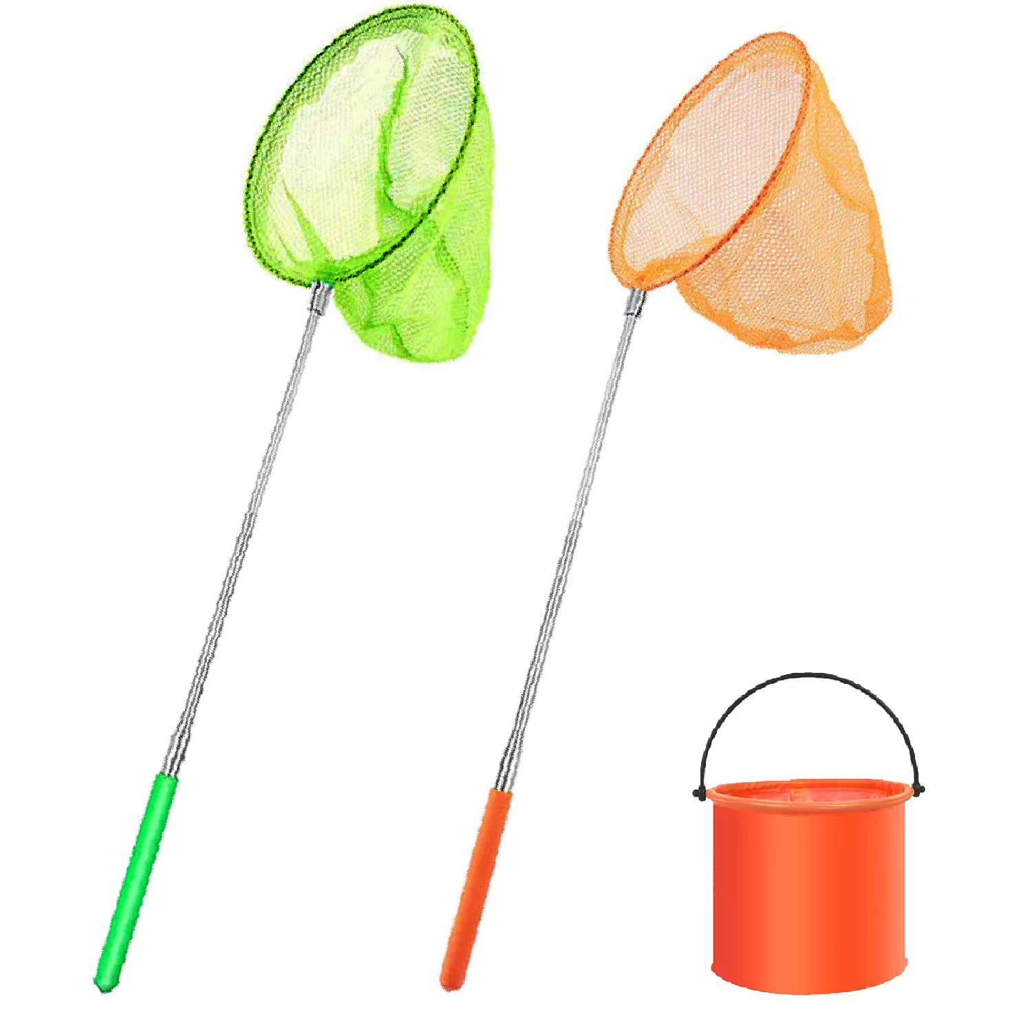 2 Packs Kids Fishing Net,Telescopic Butterfly Net,Pond Net Extendable (35 to 86 cm) with 1 Pack Folding Bucketfor Kids Catching Bugs Insect Small Fish Outdoor Beach Garden Activities (Green + Orange)