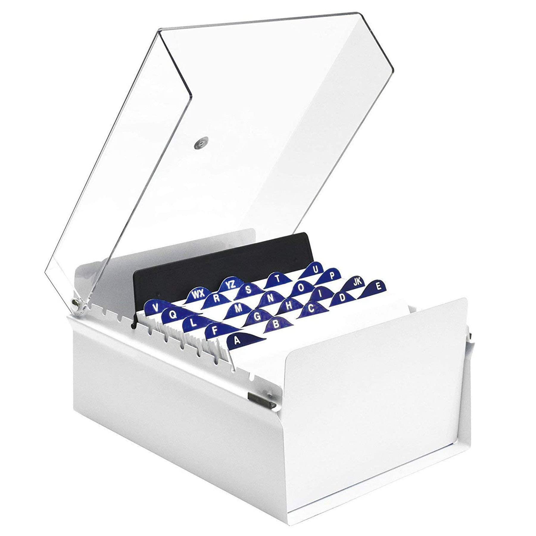 Acrimet 5'' X 8'' Card File Holder Organizer Box Metal Base Heavy Duty (AZ Index Cards 205mm width x 138mm height and Divider Included) (White Color with Clear Crystal Plastic Lid Cover) — image 1