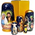 New 2024-2025 Nativity Nesting Dolls Handmade Hand Crafted 5 Piece Wooden Nesting Stacking Doll 5.75 inches Tall, with Glossy Gift Box
