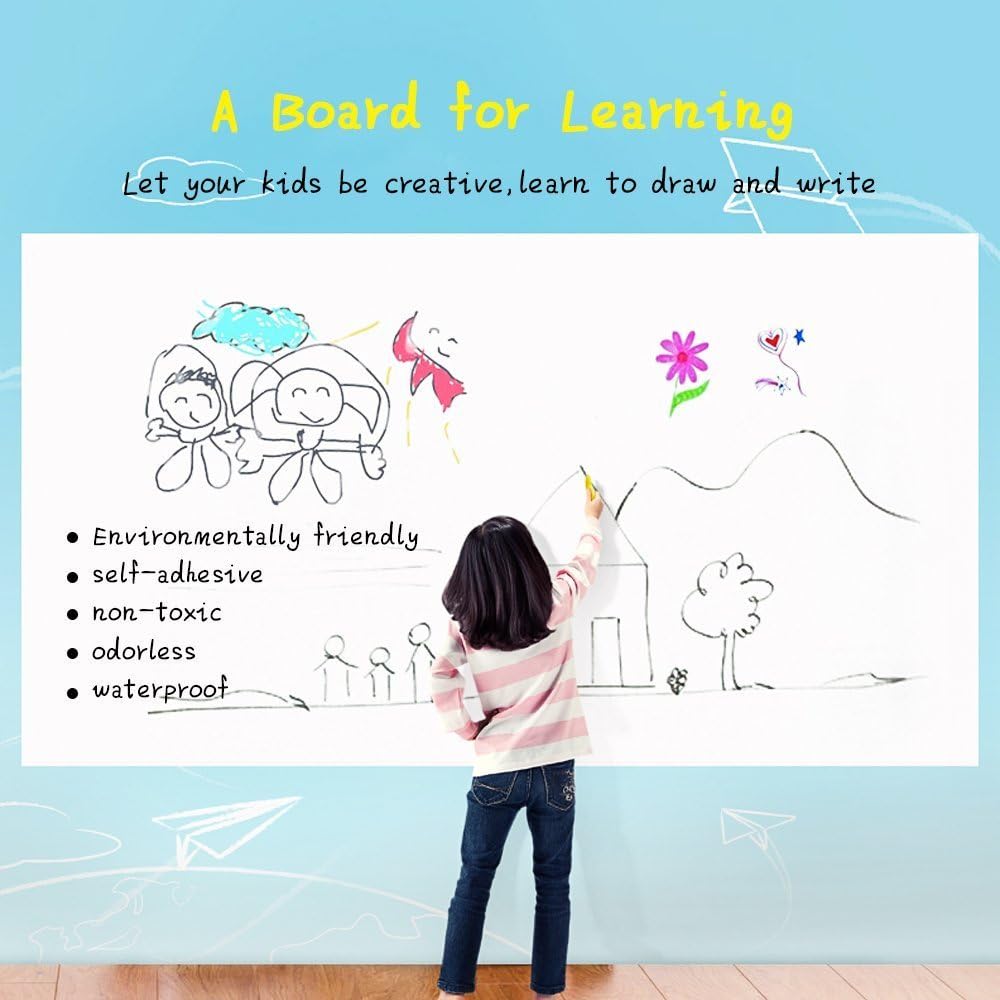Dry Erase Whiteboard Sticker Wall Decal, Self-adhesive White Board Peel Stick Paper for School, Office, Home, Kids Drawing with 1 Water Pen (78.7" x 17.7") : Office Products