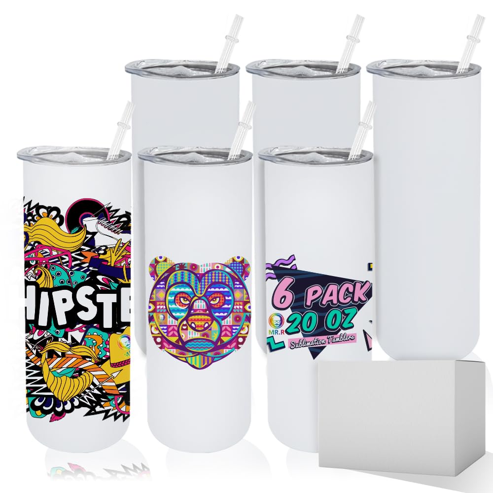 MR.R 6 Pack Sublimation Tumbler Blank 20 OZ Straight Skinny Tumbler with Straw, Stainless Steel Double Wall Insulated Tumbler for Tumbler Press Machine