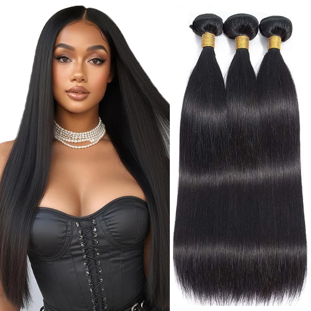 Photo 1 of 24 26 28 Inch Freiuoke Straight Bundles Human Hair Brazilian Virgin Hair 3 Bundles/150g Natural Black Color Straight Human Hair Bundle Hair Weave