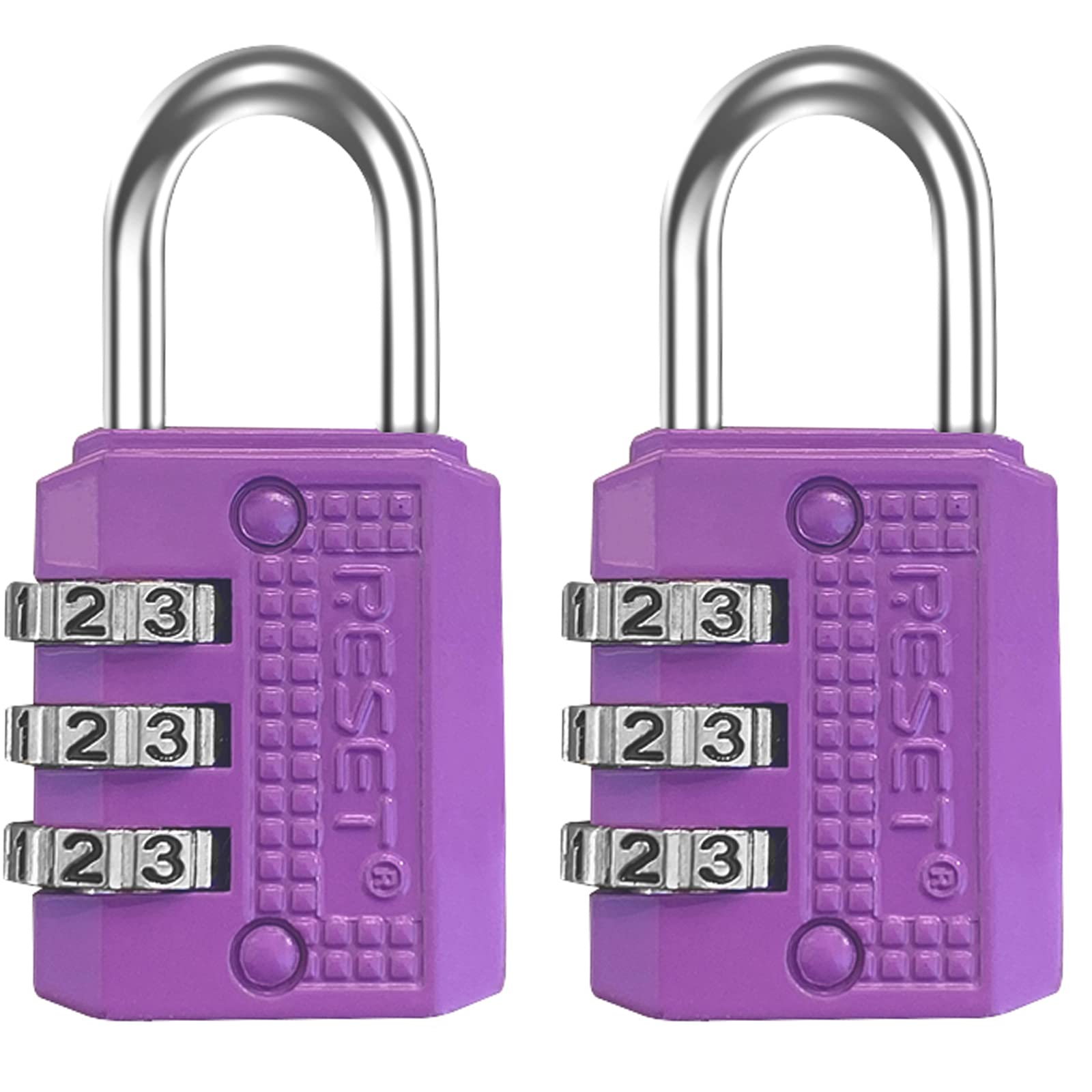 RESET-071 3-Digit Combination Padlock, Compact Resettable Lock for Mini Locker, Travel Lock, Diary, Luggage, Suitcase, Backpack, Purple, 2-Pack