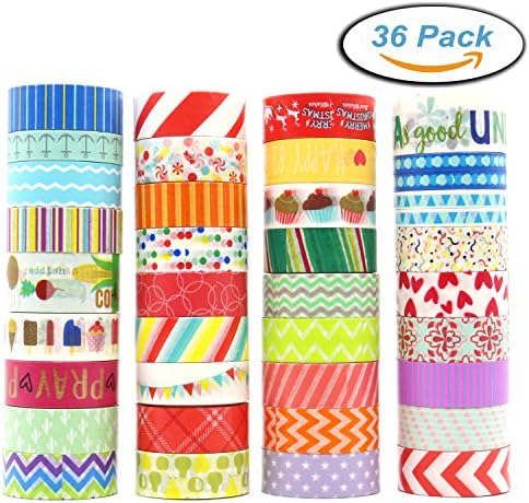 Washi Masking Tape Set of 36 Rolls, Decorative Masking Tape Collection, Colorful Tape Decorate for DIY Crafts, Festival Gift Wrapping ,Office Party Supplies, Christmas, Lamp, Cards, Scrapbook