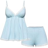 MakeMeChic Women's 2 Piece Pajama Sets Lace V Neck Ruffle Cami Tops Shorts Sleepwear