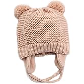 Exemaba Baby Girls Beanie Earflaps Hat - Infant Toddler Kids Soft Warm Knit Winter Hat with Fleece Lining (Pink,L)
