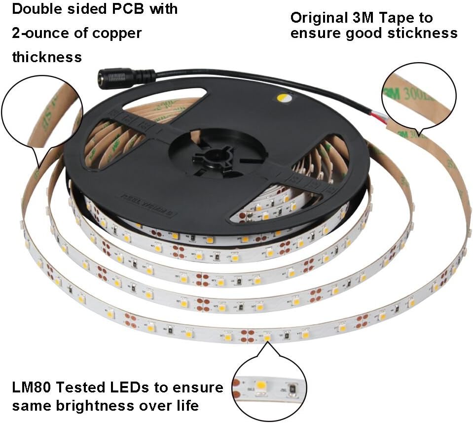Signcomplex Flexible LED Strip 3528 SMD LED Ribbon 5m a reel 12VDC 300leds 5000x8mm Tape Lights(Nature White) - Image 3