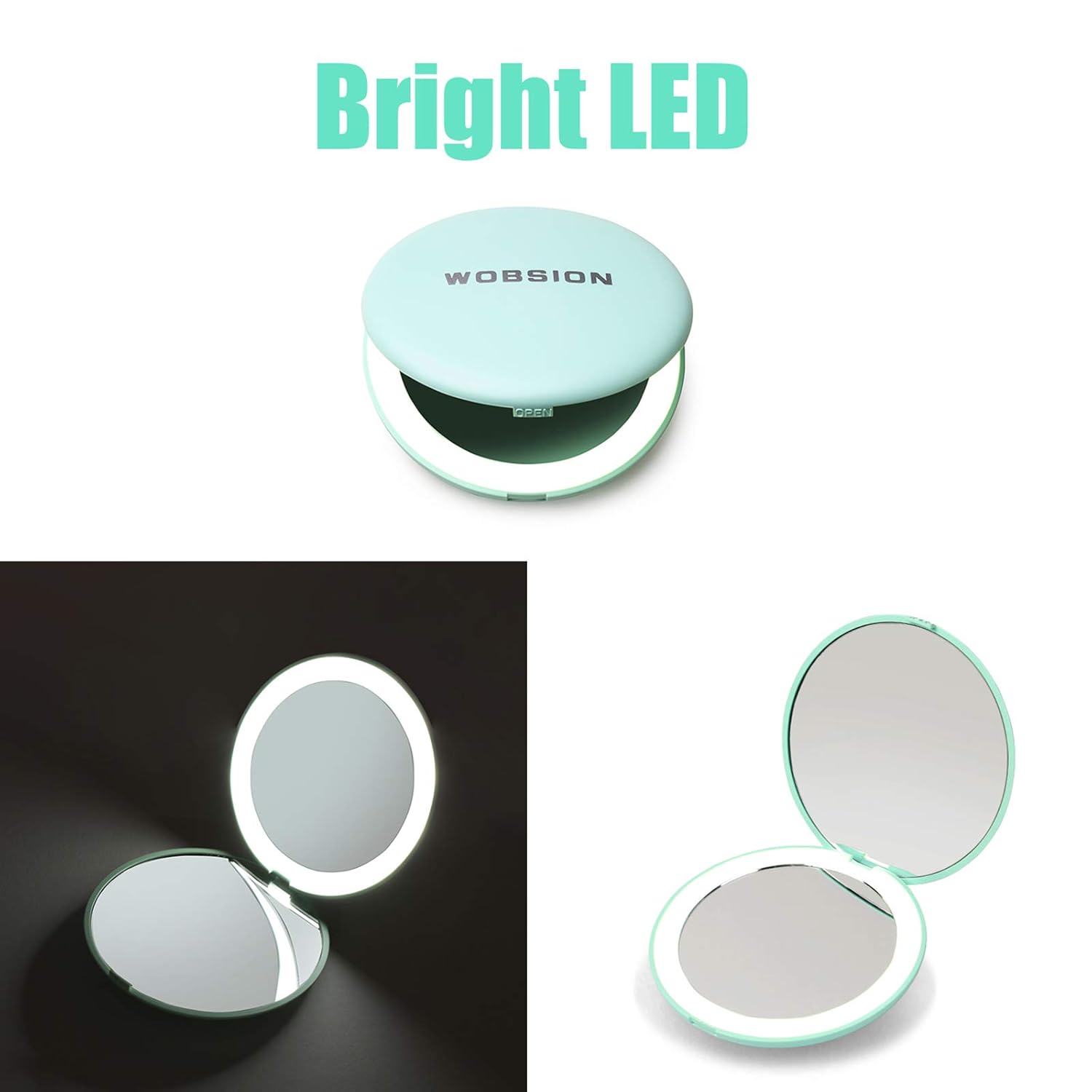 wobsion LED Lighted Travel Makeup Mirror, 1x/10x Magnification Compact Mirror, Portable for Handbag, Purse, Pocket, 3.5 inch Illuminated Folding Mirror, Handheld 2-Sided Mirror, Round, Cyan : Beauty