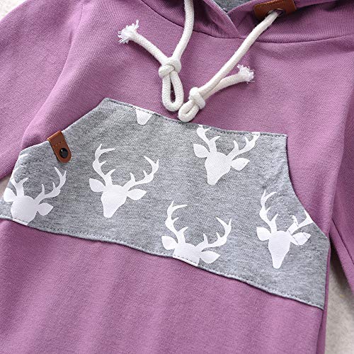 Newborn Baby Boy Girl Long Sleeve Deer Romper Pullover Hooded Tops Pants 2Pcs Sweatshirt Outfits Set (Purple, 18-24 Months)