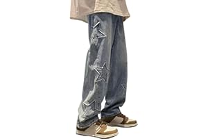 Men's Star Baggy Jeans Pants Straight Wide Leg Denim Pants with Pockets Vintage Washed Loose Fit Streetwear Denim Trousers