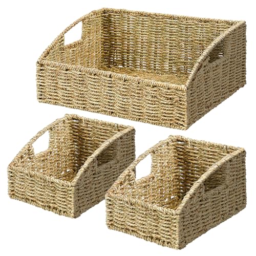 Ollieroo Natural Seagrass Storage Baskets, Handwoven Wicker Storage Bins with Built-in Handles, Storage Container Baskets for Shelves, Bedroom, Bathroom, Laundry Room or Kitchen(Green)