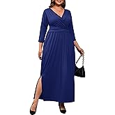 FANDEE Plus Size Women’s Dresses Casual Maxi Dress V Neck 3/4 Sleeve Waist Wrap with Pocket Wedding