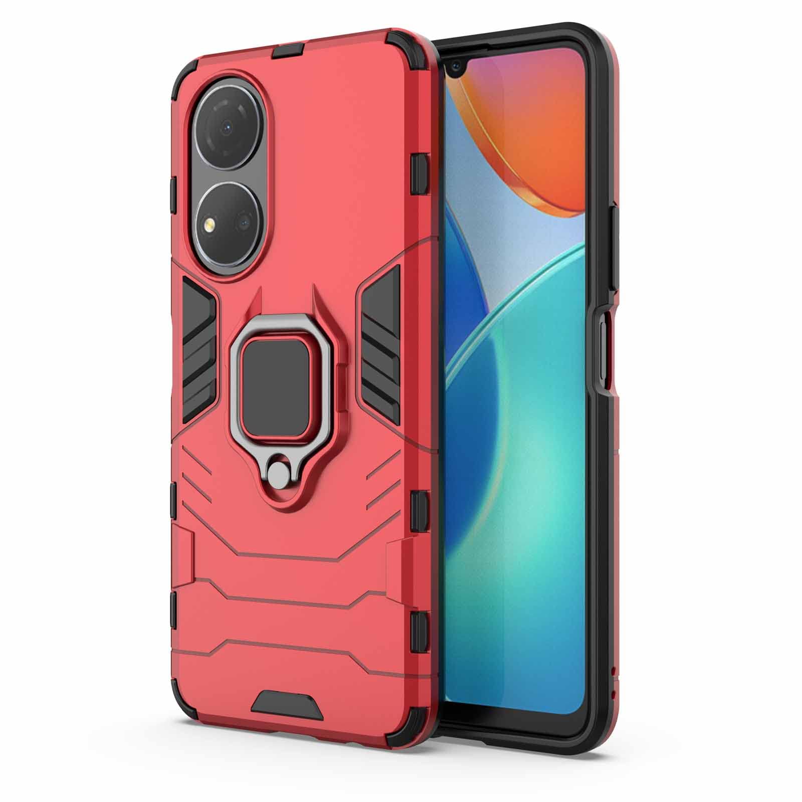 AMWEI Case for Huawei Honor X7, Shockproof TPU/PC Protection Cover with 360° Rotating Ring Kickstand, Anti-Scratch Soft Silicone Bumper Phone Shell, Red