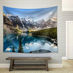 Landscape View of Moraine Lake and Mountain Range at Sunset in Canadian Rocky Mountains - Fabric Wall Tapestry Home Decor - 51x60 inches