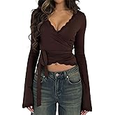 Womens Y2k Lace Sheer Mesh Crop Tops Long Sleeve Deep V Neck Cross Wrap Blouses Slim Fit Fairy Coquette T-Shirts