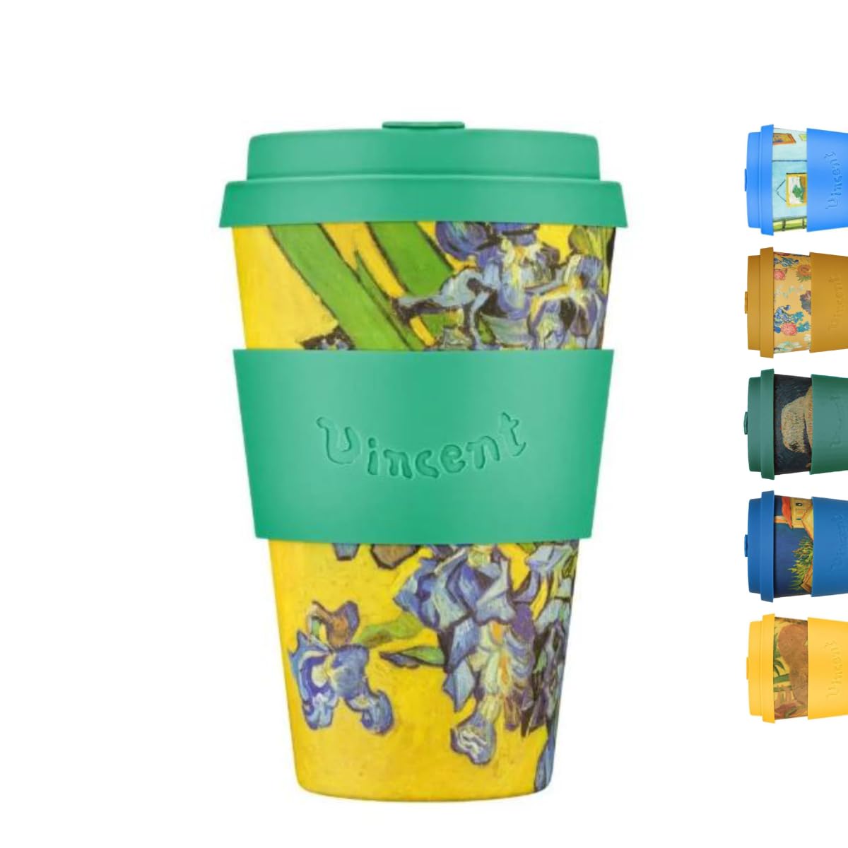 Ecoffee Cup 14oz 400ml Van Gogh Collection Reusable Eco-Friendly 100% Plant Based Coffee Cup with Silicone Lid & Sleeve - Melamine Free & Biodegradable Dishwasher/Microwave Safe Travel Mug, Irises