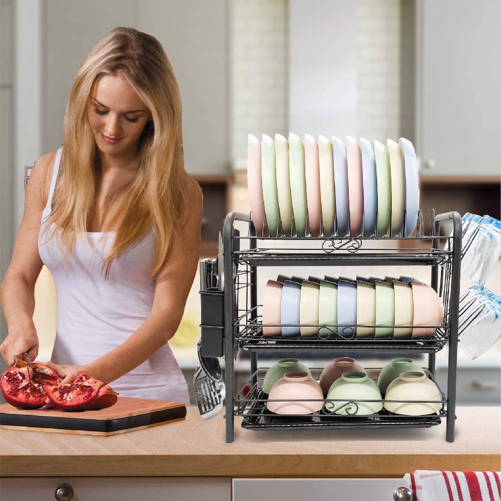 Dish Drying Rack 3-Tier Chrome Plating Dish Rack Stainless Steel Kitchen Dish Drainer Rack Organizer Tool-Free Installation With Utensil Holder/Drain Board/Bracket 3 Layers (Black, 3 tier)