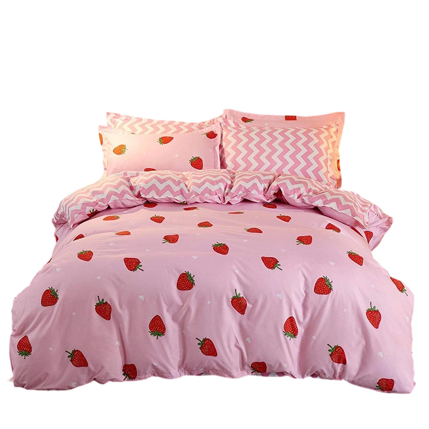 Kawaii Strawberry Bedding Set Strawberry Comforter Cover Set Pink Strawberry Decor Duvet Cover For Girls Women Room Decor Soft Reversible Cute Strawberry Quilt Cover With 2 Pillowcases Super King