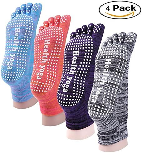 LEGERS Fashion Womens Anti-Slip Yoga Socks, Bundle 4 Pairs Mix Color Feety Cotton Socks with Super Grippy No Slip Rubber Dots