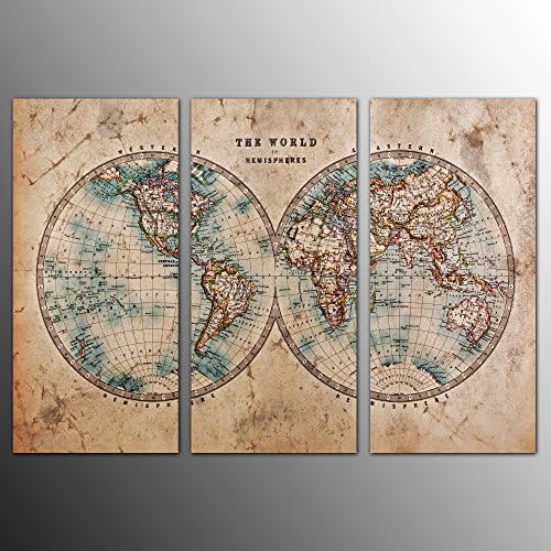 Canvas Art, Framed and Stretched Prints, Modern Home& Office Decoration Wall Art, 3 Panels, Old World Map, Canvas Printing, Each Piece 14x30inch