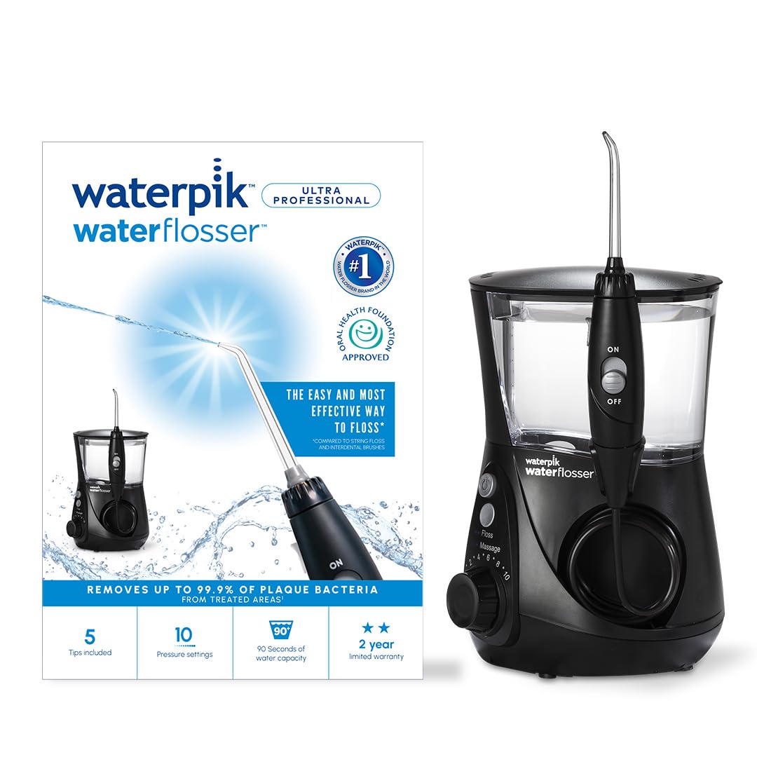 Waterpik Ultra Professional Water Flosser, 5 Tips, Advanced Pressure Control System, 10 Settings, Dental Plaque Removal Tool, Black, WP-662UK, 2pin UK Bathroom Plug