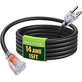 GREATIDE 15 Ft 14/3 Lighted Outdoor Extension Cord - 14 Gauge SJTW Heavy Duty Black Extension Cable with 3 Prong Grounded Plu