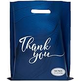 Rainbows & Lilies 100 Thank You Plastic Bags with Handles 12"W x 15"H Thick Reusable Bulk Shopping Bags for Small Business, Retail Merchandise, Boutique Gifts, Clothes, Goodie Party Favors (Navy Blue)