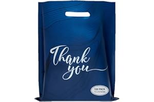 Rainbows & Lilies 100 Thank You Plastic Bags with Handles 12"W x 15"H Thick Reusable Bulk Shopping Bags for Small Business, Retail Merchandise, Boutique Gifts, Clothes, Goodie Party Favors (Navy Blue)