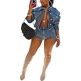 Denim 2 Piece Shorts Set for Women Long Sleeve Cropped Jean Jacket and High Waisted Shorts Plus Size Cute Outfits