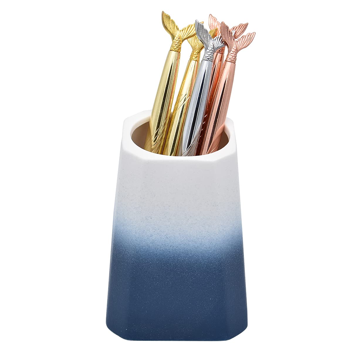 SIPLIV Durable Ceramic Pen Holder Pencil Cup Makeup Brushes Holder Container Desktop Organizer Design for Office Supplies, Living Goods, Decoration Accessories - White + Blue