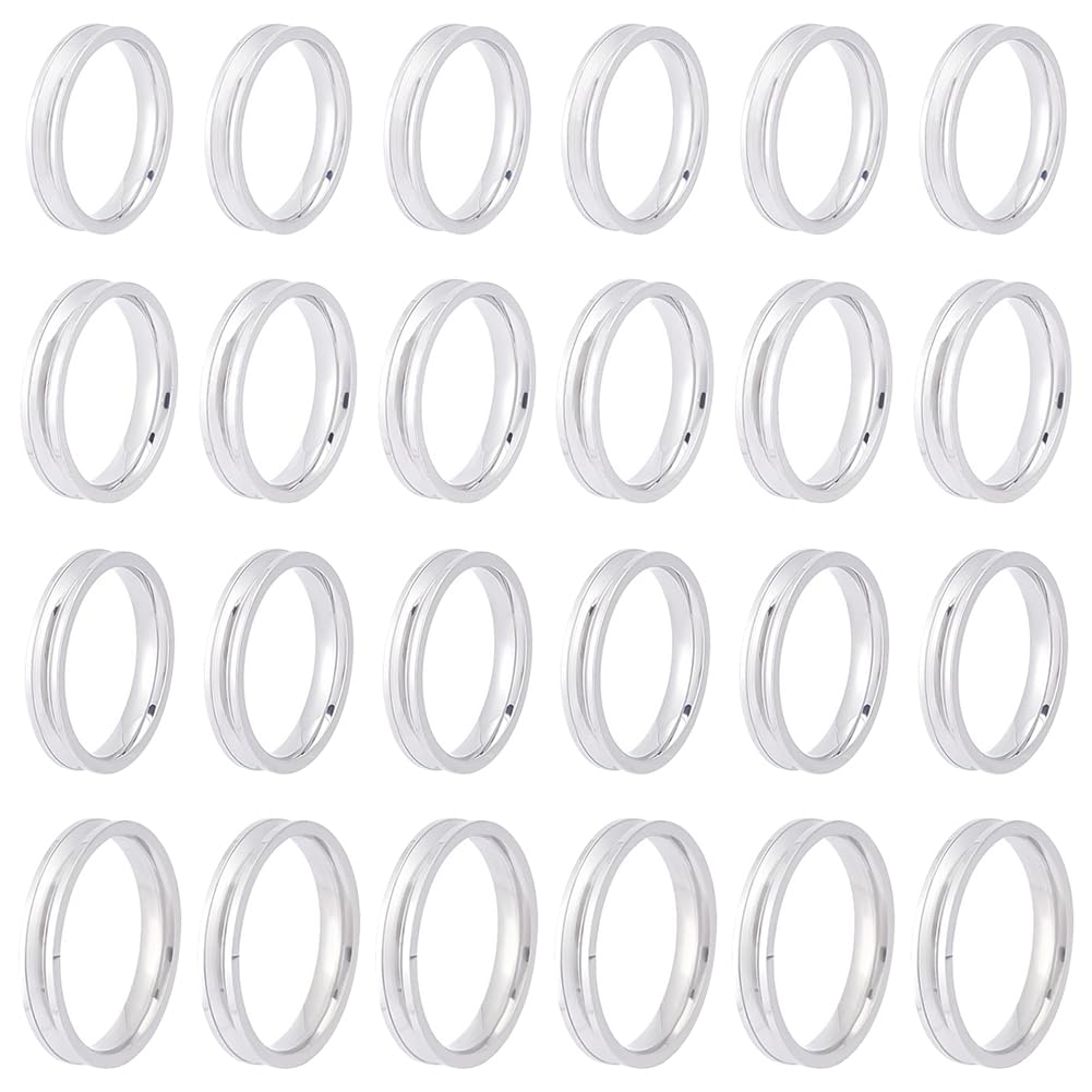UNICRAFTALE 24Pcs 4 Sizes Stainless Steel Inlay Rings Silver Ring Blanks Metal 4mm Wide Empty Round Core Grooved Inner Diameter 17-20mm Finger Findings for Jewellery Making Craft