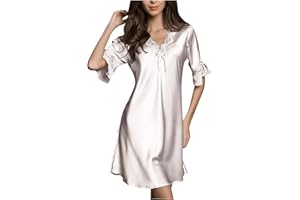 Women Satin Nightgown Short Sleeve V-Neck Sleepwear Lace Trim Babydoll Lingerie Silk Chemise Short Nightwear Dress
