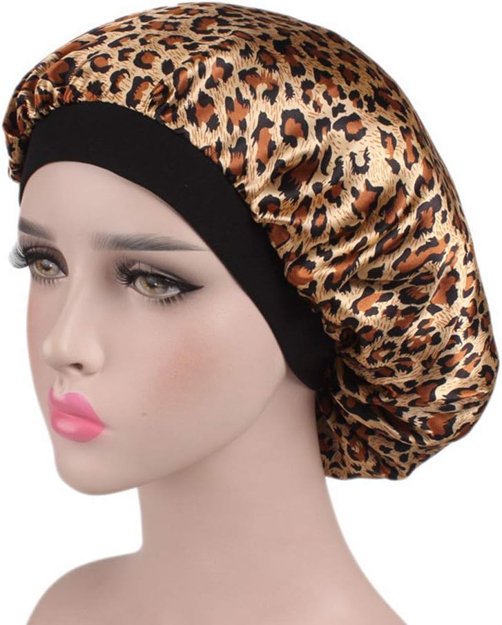 Accreate Soft Satin Hair Bonnet for Women Girls Silk Sleeping Showering Washing Face Salon Cap Leopard Print