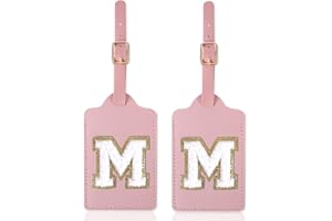 XSUIOY 2 Pack Personalized Initial Luggage Tags for Suitcases with Chenille Letter, Cute Letter Luggage Tags,Monogrammed Luggage Tags for Baggage Bag Travel Gifts for Women Kids Teens(Pink_M)