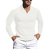 Gnvviwl Men's Muscle V Neck Polo Shirts Slim Fit Short Long Sleeve Cotton Golf T-Shirts Ribbed Knit Soft Tees