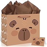 Large Capybara Birthday Gift Bag,Cute Capybara Wrapping Paper Bag Brown Capybara Party Decoration Gift Bag with Tissue Paper and Greeting Card for Capybara Animal-Themed Birthday Party Supplies