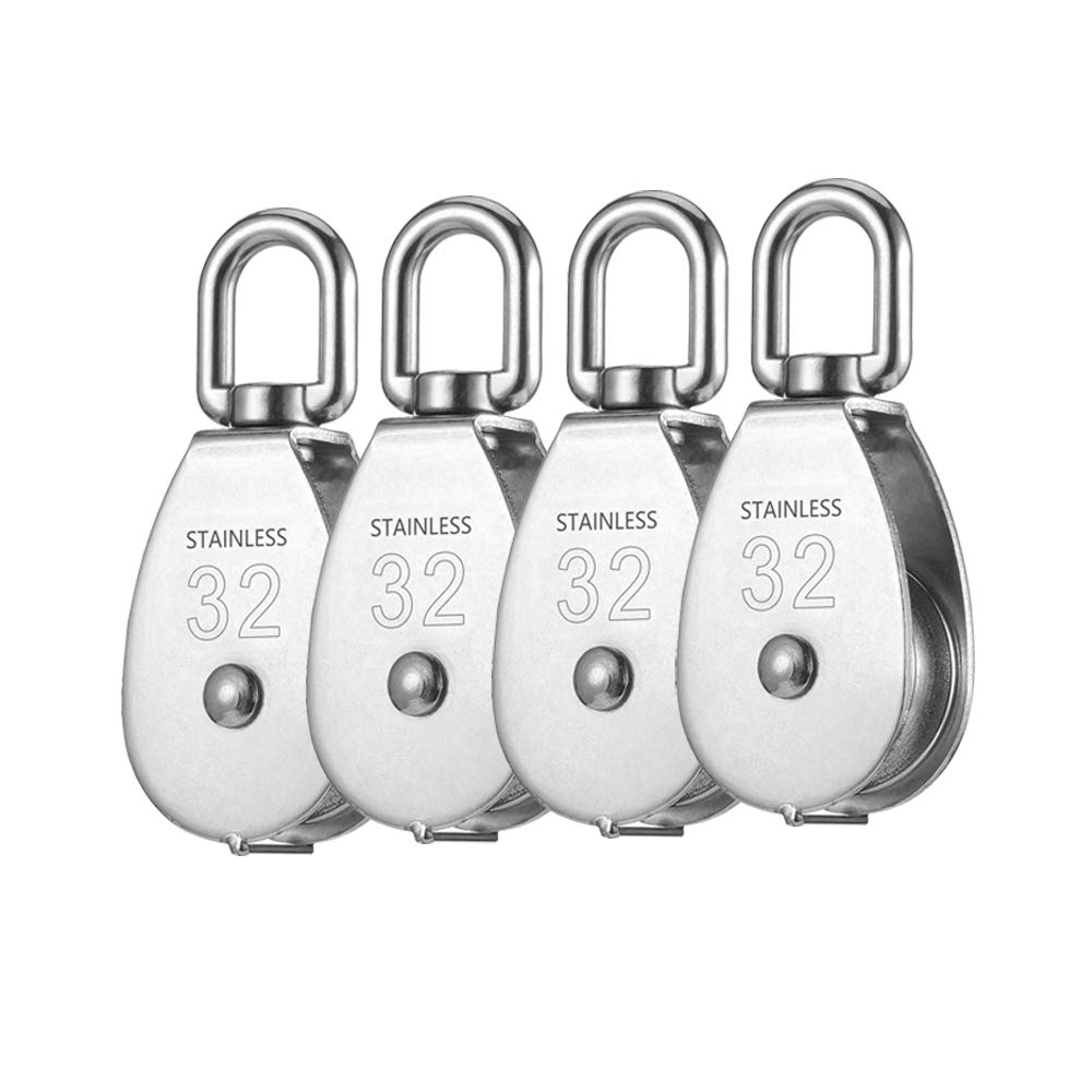 4Pcs 304 Stainless Steel Pulley Roller Single Pulley Block, M32 Lifting Crane Swivel Hook Bearings, Hanging Wire Towing Wheel Loading 551Lbs